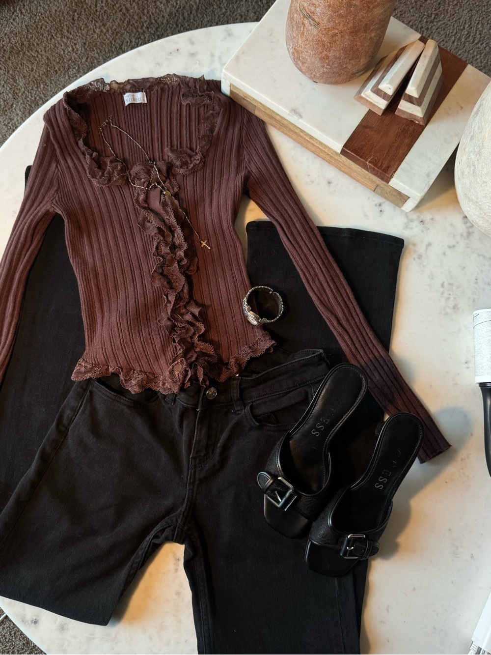 Brown Ruffled Rib-Knit Long Sleeve Top